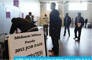  ?? —AFP ?? COLUMBIA, South Carolina: In this file photo, job applicants register at a military job fair for National Guardsmen, veterans and their families on Jan 19, 2012.