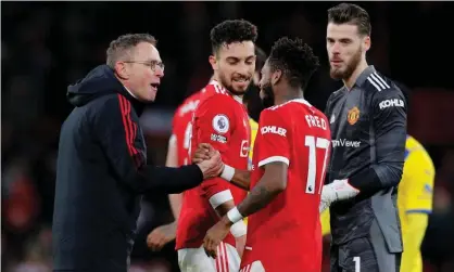  ?? Photograph: Phil Noble/Reuters ?? Ralf Rangnick (left) said a sports psychologi­st should help the players so ‘that their brain should assist the body, not work against it’.