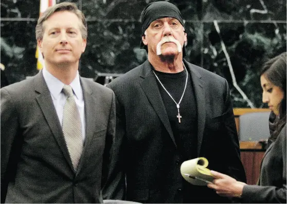  ?? DIRK SHADD / THE TAMPA BAY TIMES VIA THE ASSOCIATED PRESS / POOL FILES ?? Hulk Hogan, whose real name is Terry Bollea, centre, in court moments after a jury returned its 2016 decision. Hogan sued Gawker for invasion of privacy and, bankrolled by tech billionair­e Peter Thiel, won a $140-million judgment that led to Gawker’s...