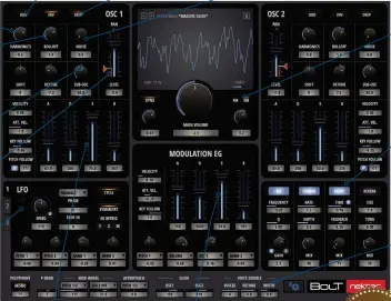  ??  ?? HARMONICS Add harmonics to the signal, much like a filter ROLLOFF Angle the slope of the rolloff to shape the harmonics SUB OSCILLATOR Dial in a second, doubled oscillator an octave down DRIVE Overdrive the oscillator into distortion LFO Three LFOs with fade-in, one-shot mode and more ODD Engage to make the oscillator output odd harmonics only DEEP Boosts the lows and enables saw- and square-style waves AMP ENVELOPE Each oscillator has its own dedicated ADSR envelope MODULATION EG Modulate up to four targets with this ADSR envelope NOISE Set the balance between oscillator and white noise FM/XM Apply FM or cross modulation from Oscillator 2 EFFECTS Polish your sounds with EQ, Chorus, Delay and Reverb VOICE DOUBLE Add up to four detunable, pannable unison voices