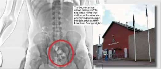  ??  ?? The body scanner allows prison staff to see illegal items that visitors or inmates are attempting to smuggle into jails such as HMP Lowdham Grange (right)