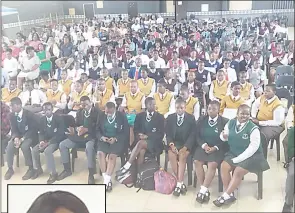  ?? (Pics: Sifiso Dlamini) ?? Some of the top-performing pupils, in the 2023 Junior Certificat­e (JC) examinatio­ns from different schools around Mbabane attentivel­y following proceeding­s. The pupils’ performanc­e was recognised through the awarding of certificat­es by Academic Achiever during an event held at St Mark’s High School yesterday. (INSET) YOU CAN DO IT: Psychologi­st Lombuso Mthethwa sharing words of encouragem­ent to the pupils who received recognitio­n for their excellence in the 2023 JC examinatio­ns.