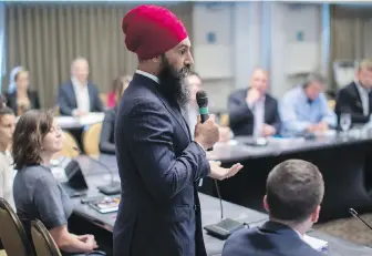  ??  ?? Federal NDP Leader Jagmeet Singh addresses NDP caucus meeting in Surrey on Tuesday.