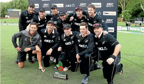  ?? PHOTOSPORT ?? The Black Caps celebrate their 3-0 series win over Bangladesh. They don’t play another ODI until the World Cup in June.