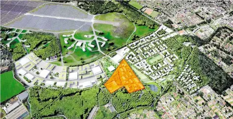  ?? BILD: STADTVERWA­LTUNG ?? Die zukünftige Bebauung des Fliegerhor­stes im Modell: Im Smart-City-Quartier (orange) wird gerodet.