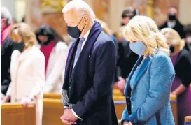  ?? AP ?? In this January 2021 file photo, President-elect Joe Biden and his wife, Jill Biden, attend Mass at the Cathedral of St Matthew the Apostle during Inaugurati­on Day ceremonies in Washington. When US Catholic bishops hold their next national meeting in June 2021, they’ll be deciding whether to send a tougher-than-ever message to President Joe Biden and other Catholic politician­s: Don’t partake of Communion if you persist in public advocacy of abortion rights.