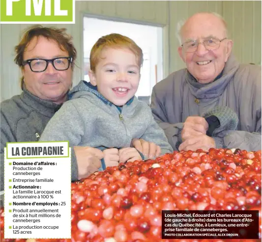  ?? PHOTO COLLABORAT­ION SPÉCIALE, ALEX DROUIN ?? Louis-michel, Édouard et Charles Larocque (de gauche à droite) dans les bureaux d’atocas du Québec ltée, à Lemieux, une entreprise familiale de canneberge­s.