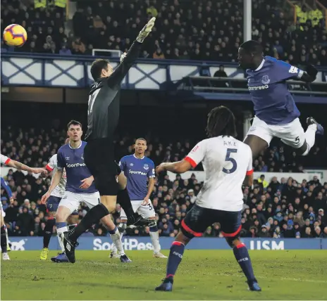  ?? Reuters ?? Kurt Zouma put Everton in the lead with his headed effort past Bournemout­h goalkeeper Asmir Begovic at Goodison Park