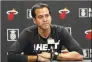  ?? John McCall / TNS ?? Miami Heat head coach Erik Spoelstra during a news conference on Jan. 27 in Miami. Spoelstra said he’s taking a different view than he does for typical preseason matchups. For the first time, he’s talking with the coaches of the teams the Heat will face to see if there are any specific situations those clubs want to work on in those games.