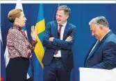  ?? ?? Heikle Debatten über Migration: Dänemarks Mette Frederikse­n, Belgiens Premier de Croo und Viktor Orbán