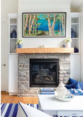  ??  ?? |ABOVE RIGHT| MIRROR IMAGE. The couple commission­ed a painting from an artist friend. “It depicts the lake and white birch trees that comprise some of the well-loved scenery in this area,” Janice says. They chose white and navy-blue furniture here for its classic lines and nautical look, along with a blue-and-white striped rug.