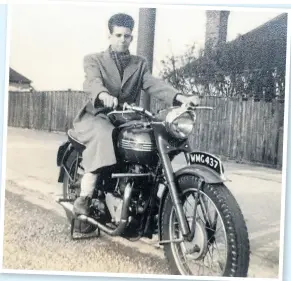  ?? ?? Aboard a friend’s Thunderbir­d on which an ecstatic young Griffiths rode from Brighton to Brands Hatch.