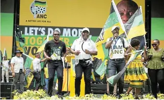  ?? /Sandile Ndlovu ?? Doing the egg dance: ANC president Cyril Ramaphosa dances during the party’s recent election manifesto launch at Moses Mabhida stadium in Durban.