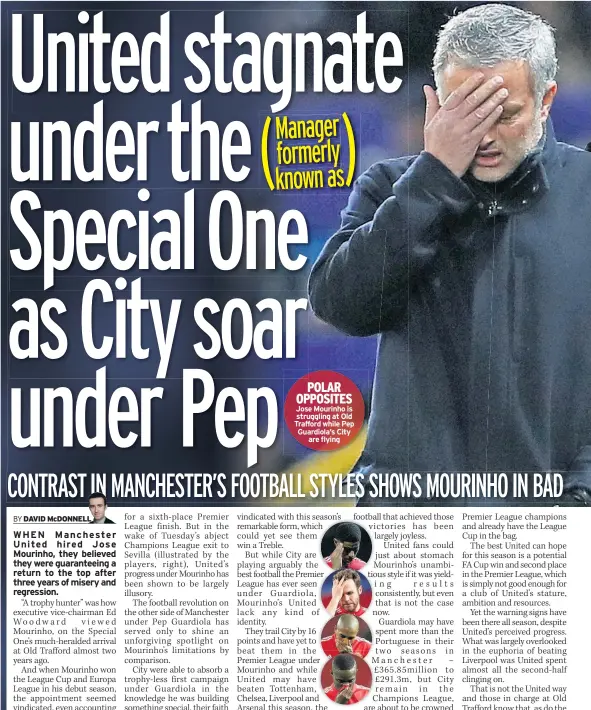  ??  ?? POLAR OPPOSITES Jose Mourinho is struggling at Old Trafford while Pep Guardiola’s City are flying