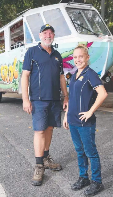  ?? Picture: STEWART McLEAN ?? FEELING UPBEAT: Duckabout Tours driver Bruce Alexander and deckhand Imogene Lea with the Ride the Croc amphibious vehicle.