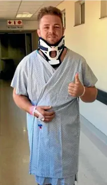  ??  ?? Sam Cane gives the thumbs up after the successful surgery on his neck in South Africa.