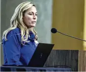  ?? JEREMY WADSWORTH / THE (TOLEDO) BLADE ?? Shari Foltz, mother of Stone Foltz, speaks during the Ohio Anti-Hazing Summit last year at the Bowling Green State University Bowen-Thompson Student Union in Bowling Green.