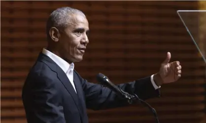  ?? Photograph: Jessica Christian/AP ?? Barack Obama at Stanford University in California in April. Chesky’s donation is one of the two largest the Obama Foundation has ever received.