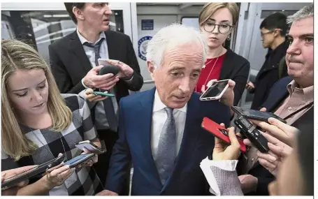  ?? — AP ?? No doubt about it: Corker speaking to reporters after a closed-door security briefing by Haspel on the slaying of Khashoggi and involvemen­t of Prince Mohammed, at the Capitol in Washington.