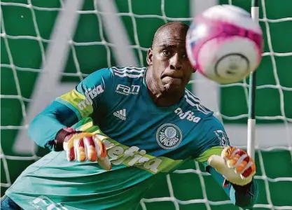  ?? Cesar Greco - 21.fev.18/ag. Palmeiras/divulgação ?? O goleiro Jailson, 36 anos, aguarda liberação do TJD-SP para defender o Verdão na primeira partida das semifinais do Campeonato Paulista; camisa 14 atuou em 12 dos 15 jogos do time alviverde na temporada