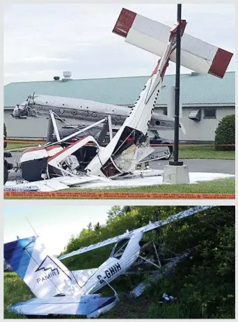  ?? PHOTOS COURTOISIE ET D’ARCHIVES ?? Le pilote a été très chanceux pas une, mais deux fois. En haut, l’accident d’hier dans la cour d’une entreprise en Montérégie, et ci-bas, l’accident de 2012 en Haute-Mauricie.