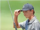  ?? DOUGLAS P. DEFELICE/GETTY IMAGES ?? Mile Russell of Jacksonvil­le Beach tips his hat to the gallery coming off the 18th green of the Lakewood National Commander Course during last week's Korn Ferry Tour LECOM Suncoast Classic.