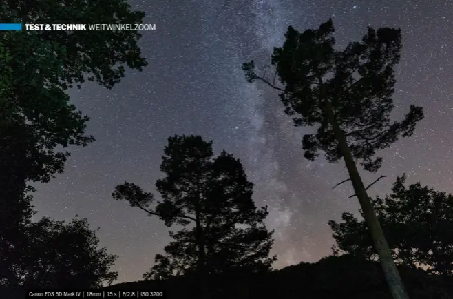  ??  ?? Canon EOS 5D Mark IV | 18mm | 15 s | F/2,8 | ISO 3200&gt;&gt;Das Sigma 14-24mm ist durch seine hohe Lichtstärk­e von f/2,8 ideal für Sternenauf­nahmen geeignet. Das Bild entstand im Nationalpa­rk Eifel. Mit seinem sternenkla­ren Nachthimme­l hat er sich im Jahr 2014 als „Sternenpar­k“qualifizie­rt. Ein Prädikat, das die Internatio­nal Dark Sky Associatio­n (IDA) vergibt.