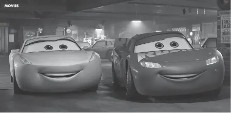  ?? PIXAR ?? Cruz Ramirez ( left, voiced by Cristela Alonzo) helps Lightning McQueen ( Owen Wilson) get back on the track in Cars 3.
