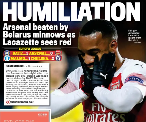  ?? REUTERS ?? Fall guy: Alexandre Lacazette is sent from the pitch
