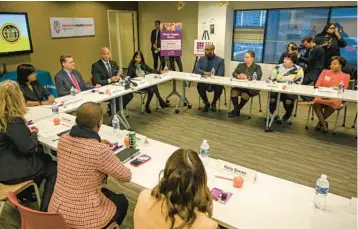  ?? JERRY JACKSON/BALTIMORE SUN ?? Gov. Wes Moore and U.S. Secretary of Health and Human Services Xavier Becerra lead a discussion Friday about what can be done to support youth mental health during a roundtable in Baltimore.