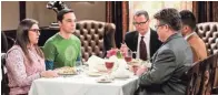  ?? MICHAEL YARISH/WARNER BROS. ?? Amy (Mayim Bialik and Sheldon (Jim Parsons) don't look like they’re enjoying lunch in Thursday’s episode.