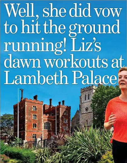  ?? ?? RUNNING THROUGH HER IDEAS:
Ms Truss talks to aides while jogging in Lambeth Palace gardens