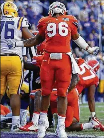  ?? GETTY IMAGES ?? Cece Jefferson celebrates after Florida stopped LSU on fourth-andgoal to win 16-10 at Tiger Stadium in 2016 in Baton Rouge, Louisiana. The Gators lost to the Tigers in Gainesvill­e last season.