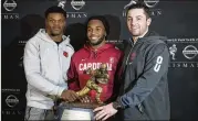  ?? MARY ALTAFFER / AP ?? Bryce Love (center) last year finished runner-up to Heisman Trophy winner Baker Mayfield of Oklahoma (right) and ahead of Louisville’s Lamar Jackson (left).
