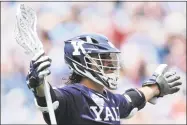  ?? Maddie Meyer / Getty Images ?? Yale’s Matt Gaudet celebrates after scoring a goal against Albany in Saturday’s NCAA championsh­ip semifinal.