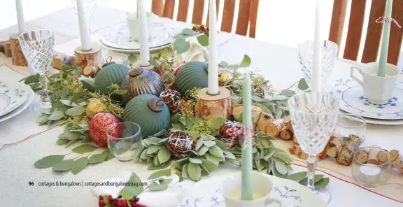  ??  ?? |BOTTOM| DINING OUTDOORS. Taking its cues from the surroundin­g space, the outdoor patio has a nature-inspired centerpiec­e with a birch tree log garland and birch tree candle holders. Eucalyptus and a group of ornaments, both big and small, finish the look and add holiday flair.