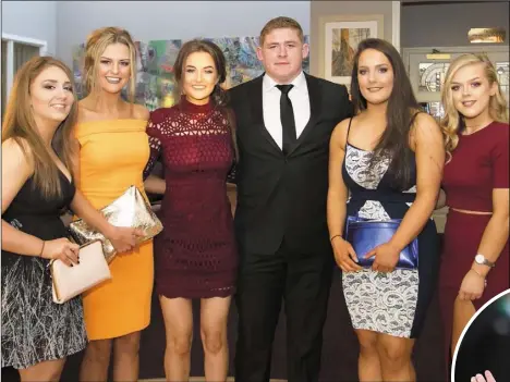  ??  ?? Tadhg Furlong at the New Ross Rugby Club dinner dance in the Brandon House Hotel with (from left) Rebecca O’Connor, Campile; Louise Becker, New Ross; Louise Murphy, Graignaman­agh; and Orla Tully and Emily Keenan, New Ross.