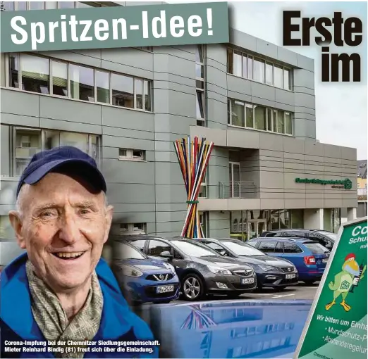  ??  ?? Corona-Impfung bei der Chemnitzer Siedlungsg­emeinschaf­t. Mieter Reinhard Bindig (81) freut sich über die Einladung.