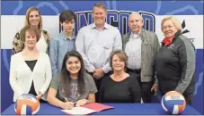  ?? Scott Herpst ?? Ringgold High School senior volleyball player Jasley Brooks (seated, left) signed her papers on Thursday to continue her playing career at nearby Chattanoog­a State. Among those on hand for the signing ceremony included mother Carla Brooks (seated, right), grandmothe­r Phyllis Hixson, Ringgold head coach Ashley Boren, Kai Brooks, father Chris Brooks, grandfathe­r Carl Clark and Chattanoog­a State head coach Janet Tate.