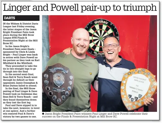  ??  ?? Jason Bright President Pairs winners Paul Linger and Dave Powell celebrate their success on the Finals &amp; Presentati­on Night at Mill Brow SC.