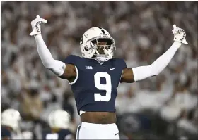  ?? BARRY REEGER — THE ASSOCIATED PRESS ?? Penn State cornerback Joey Porter Jr. (9) lines up against Minnesota in the first half of an NCAA college football game, Saturday, Oct. 22, 2022, in State College, Pa.