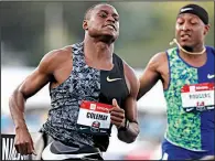  ?? AP/CHARLIE NEIBERGALL ?? ABOVE Christian Coleman (left) crosses the finish line ahead of Michael Rodgers in the men’s 100-meter final Friday at the U.S. Championsh­ips in Des Moines, Iowa. Coleman won in 9.99 seconds in a final that Justin Gatlin elected to sit out.