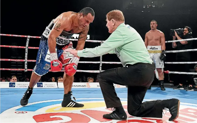  ?? PHOTO: PHOTOSPORT ?? Solomon Haumono’s management are protesting his loss by knockout to Joseph Parker in Christchur­ch on Thursday night, claiming referee Bruce McTavish did not conduct the count accurately.