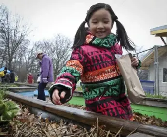  ?? DAVID COOPER/TORONTO STAR ?? Catherine Park, 6, visiting from Korea, looks for chocolate eggs in the children’s garden beside Colborne Lodge.