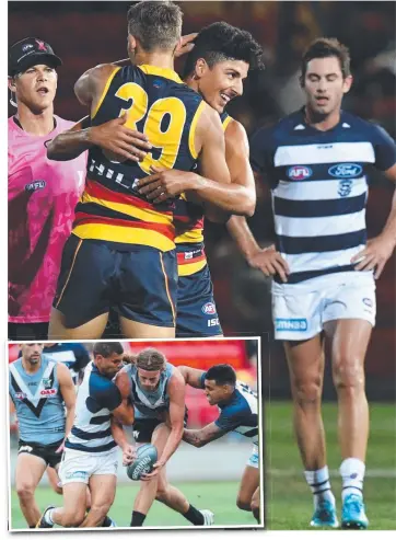  ?? Pictures: SAM WUNDKE, CALUM ROBERTSON ?? FAST FOOTY: Adelaide’s Tom Doedee and Matthew Signorello celebrate as Daniel Menzel ponders. INSET: Port’s Jarrod Lienert, centre, tackled by Geelong pair Brandan Parfitt, left, and draftee Tim Kelly in game one.