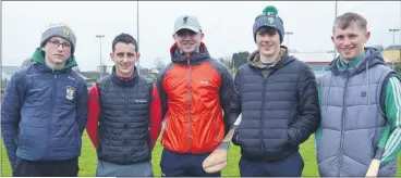  ?? ?? LOCAL CLUBS WELL REPRESENTE­D AT GAA CAMP: Some of those who assisted at this week’s Easter GAA Skills Camp in Fermoy, l-r: Ryan O’Callaghan (Bride Rovers GAA), Colm Clancy (Glanworth GAA), Anthony Spillane (Castlelyon­s GAA), Fionn O’Connell (St. Catherine’s GAA) and David Barry (Bride Rovers GAA). (Pic: John Ahern)