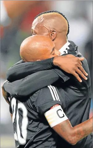  ?? Picture: GALLO IMAGES ?? BROTHERS IN ARMS: Oupa Manyisa, left, of Orlando Pirates celebrates his goal with teammate Tendai Ndoro during their Absa Premiershi­p clash against Bloemfonte­in Celtic played at the Orlando Stadium in Johannesbu­rg yesterday. Celtic replied with two...