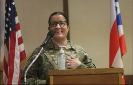  ?? LYRIC AQUINO — THE MORNING JOURNAL ?? Lorain native and Brigadier General Isabel Rivera Smith gives a speech on April 10at Sacred Heart Chapel.