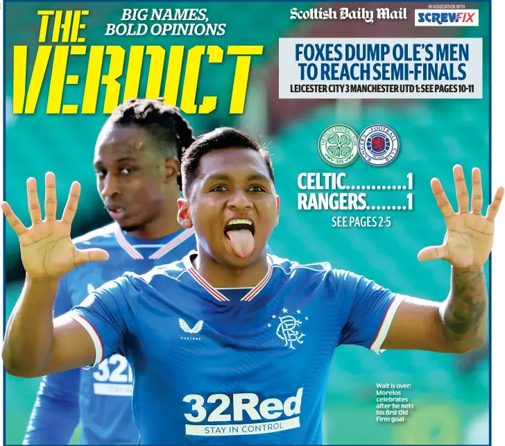  ??  ?? Wait is over: Morelos celebrates after he nets his first Old Firm goal