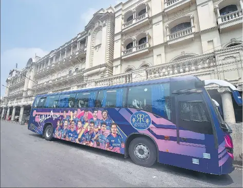  ?? PTI ?? Rajasthan Royals team bus parked outside a city hotel in Kolkata on Tuesday. The IPL governing council and BCCI in an emergency meeting decided to postpone IPL.